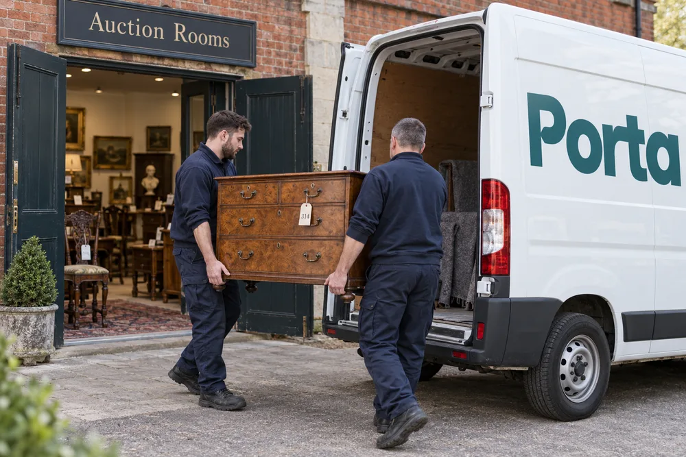 Couriers collecting a tagged chest of drawers outside auction rooms beside a van with Porta branding
