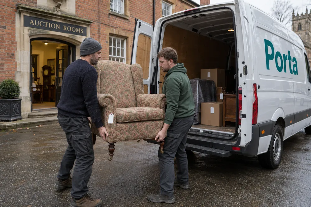 Couriers carrying a tagged armchair outside auction rooms beside a van with Porta branding