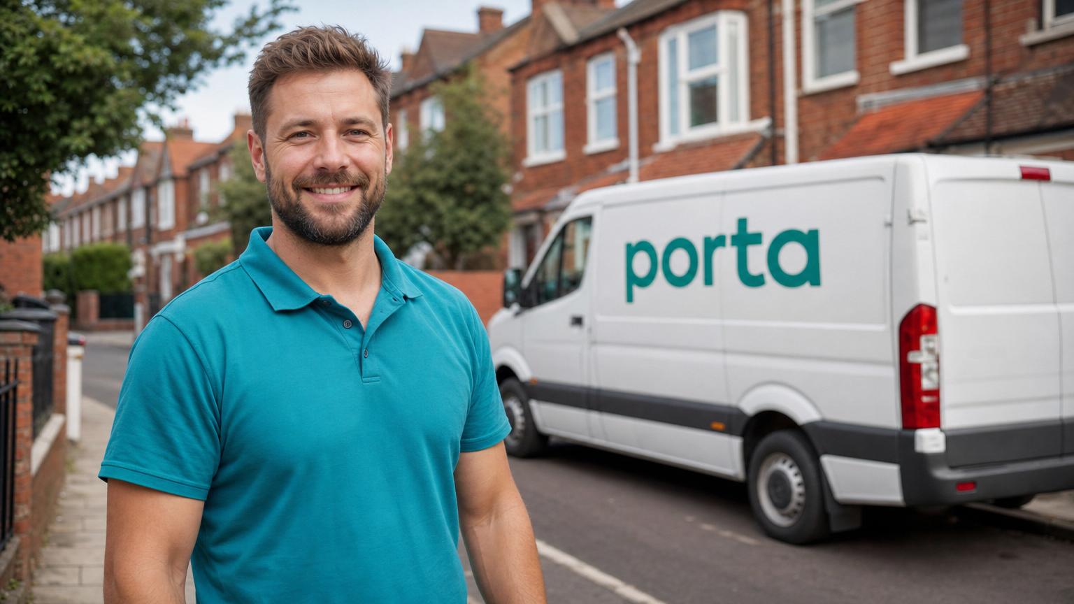 A professional mover in a teal polo shirt standing beside a Porta-branded van parked at the kerb