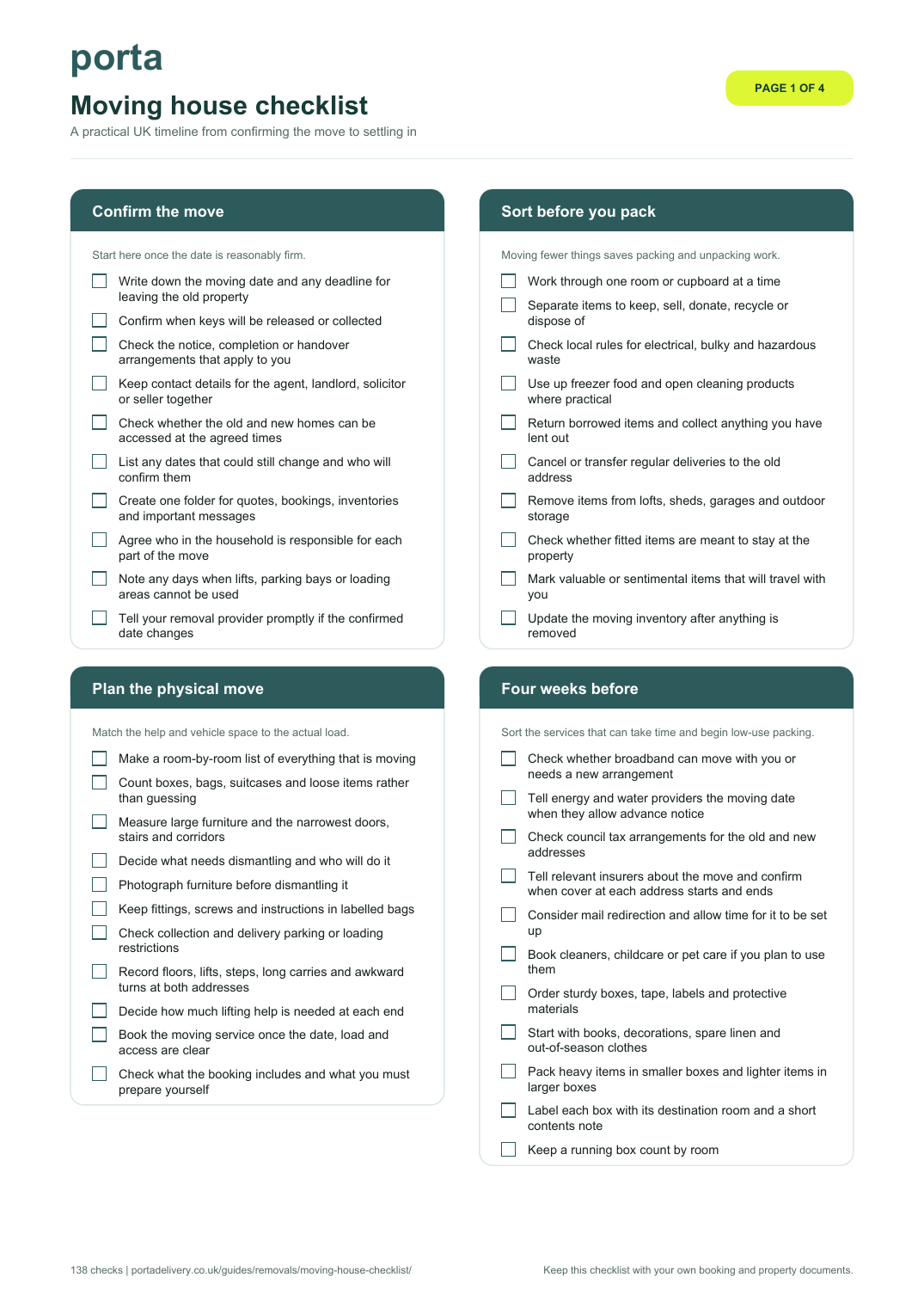 Preview of the printable moving house checklist PDF