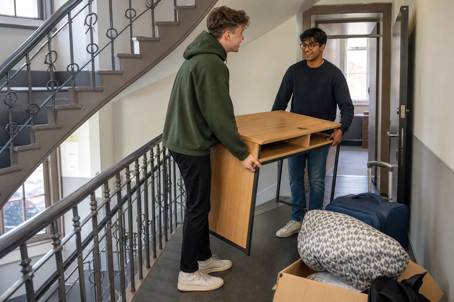 Students carrying a desk through shared accommodation