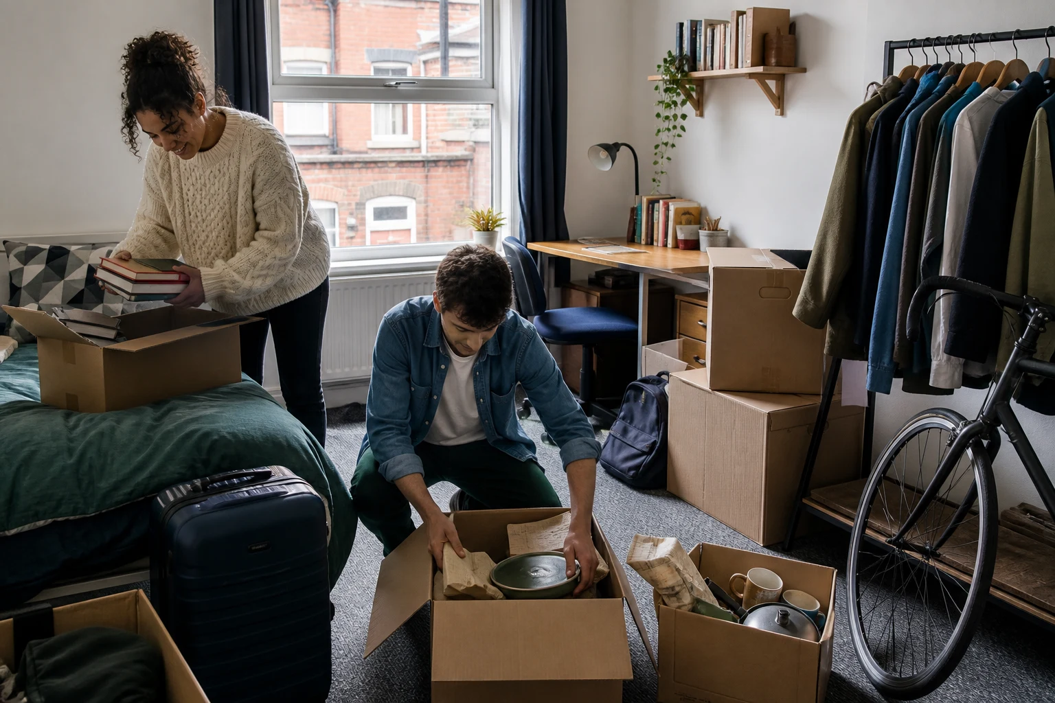 Students packing books, kitchenware and luggage in a shared house