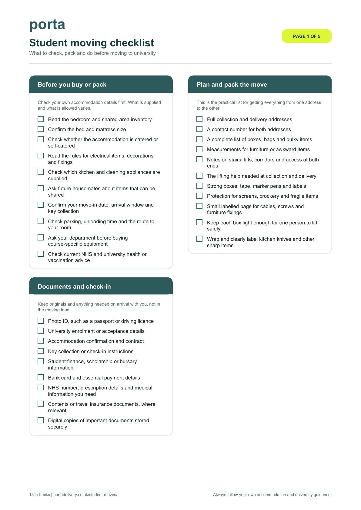 Preview of the printable student moving checklist PDF
