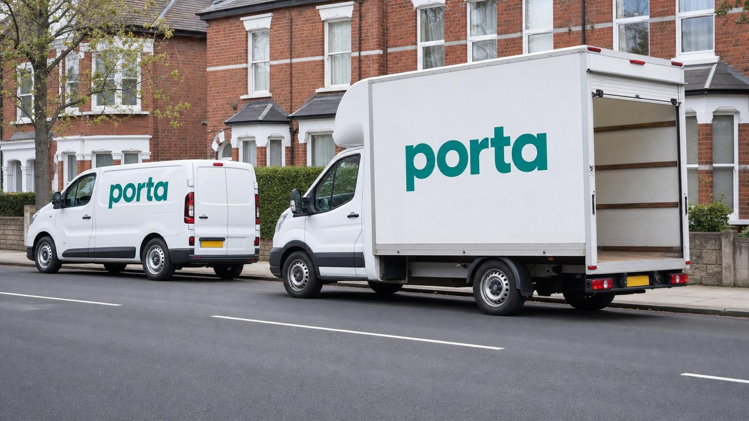 A medium Porta-branded panel van parked beside a larger Porta Luton van with its rear shutter open, on a UK street