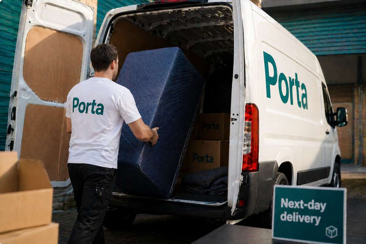 A Porta driver loading a large item into a van