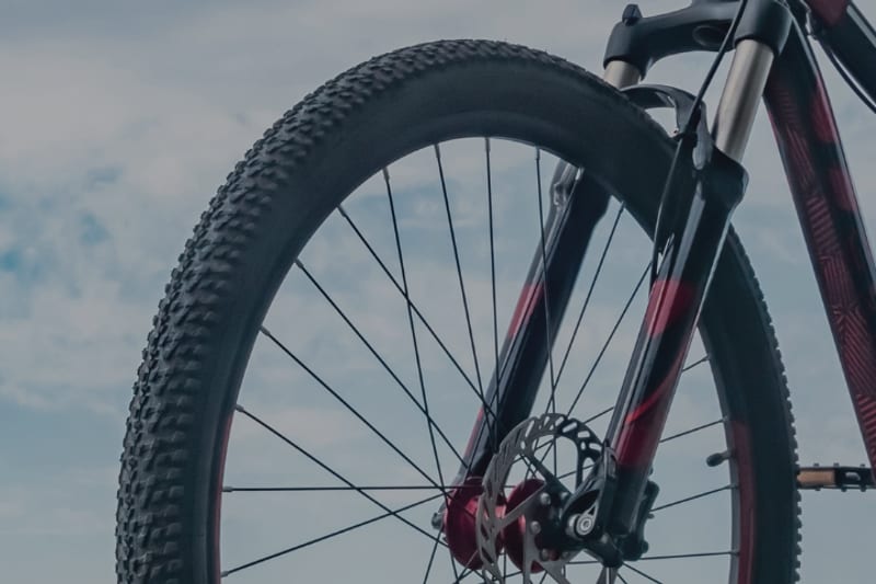 A mountain bike wheel and front forks