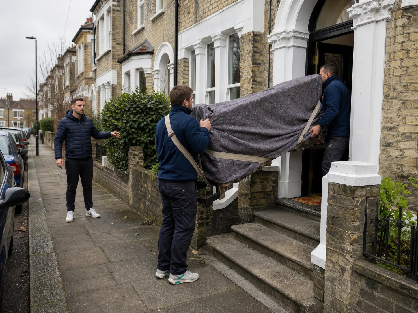 Movers carefully handling a protected sofa at a British terraced house