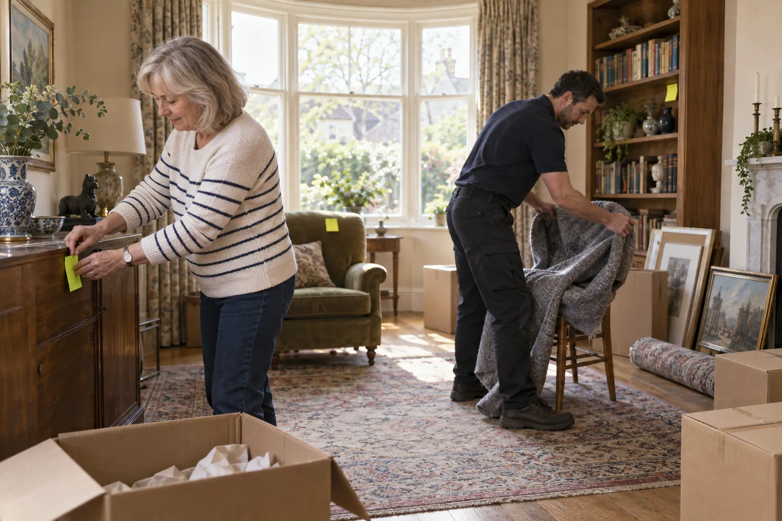 A woman putting a coloured note on a sideboard while a mover wraps a dining chair in a living room being sorted for a move