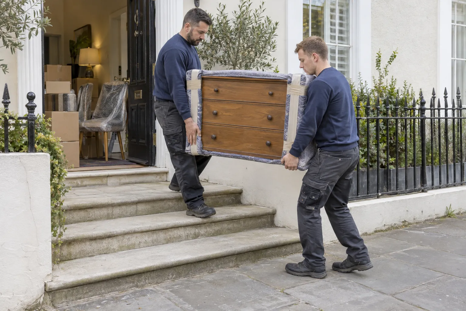 Two removal workers supporting a protected chest of drawers at a short flight of front-door steps