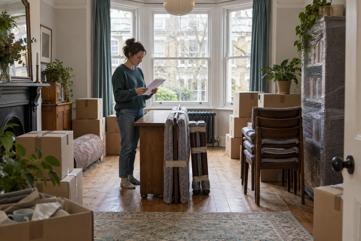 A homeowner checking an inventory beside packed boxes and protected dining furniture in a bay-windowed room