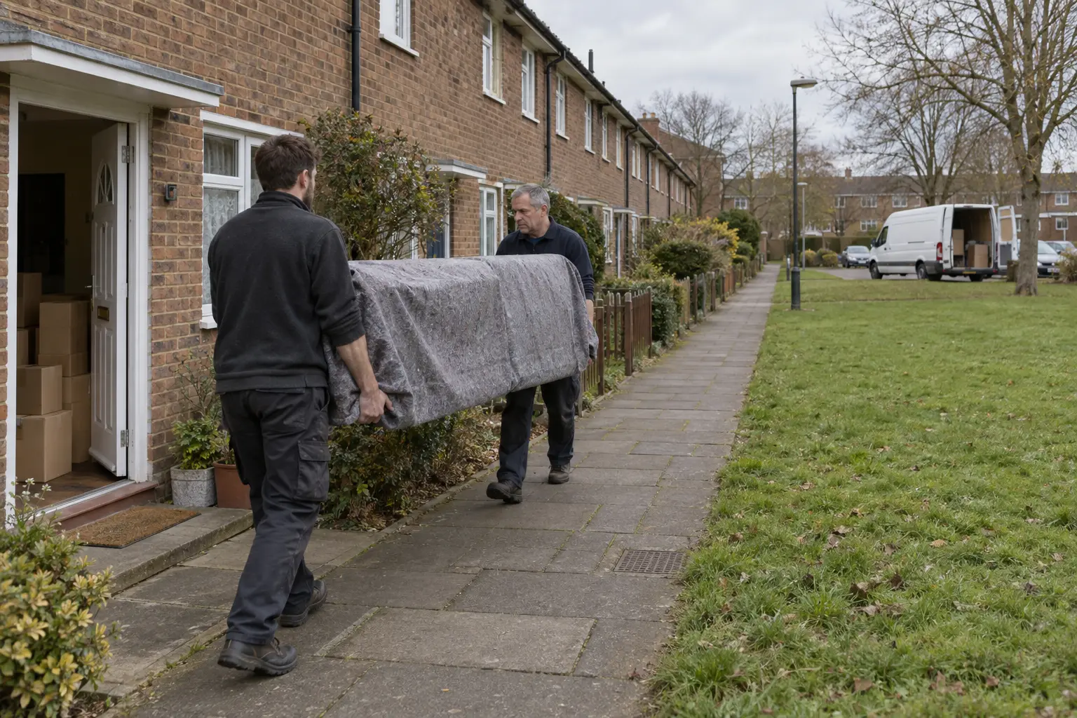 Two movers carrying a wrapped sofa along an estate footpath past terraced houses towards a van parked at the end of the path