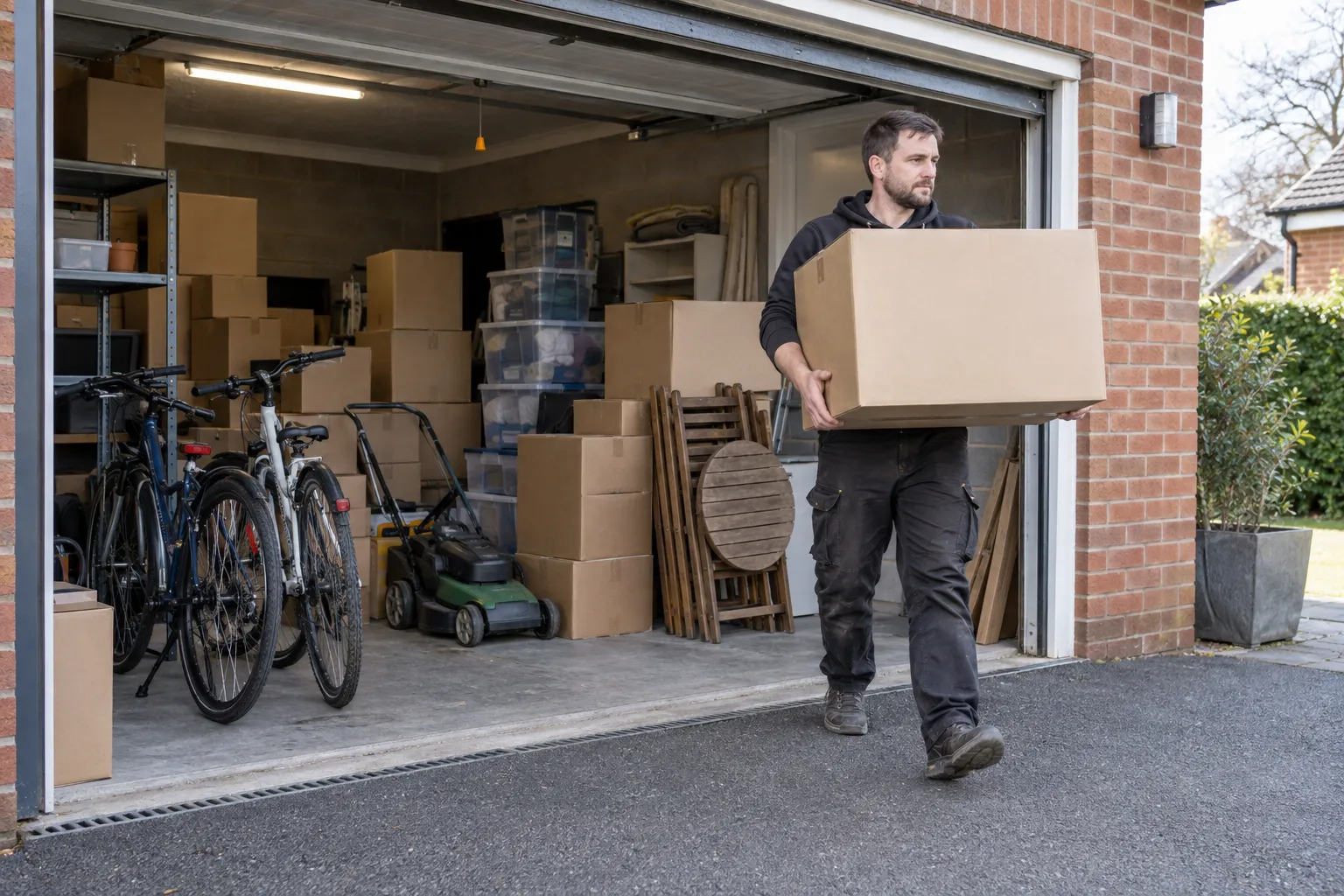 Packed storage boxes, bicycles and garden furniture in a garage as a mover carries a box outside
