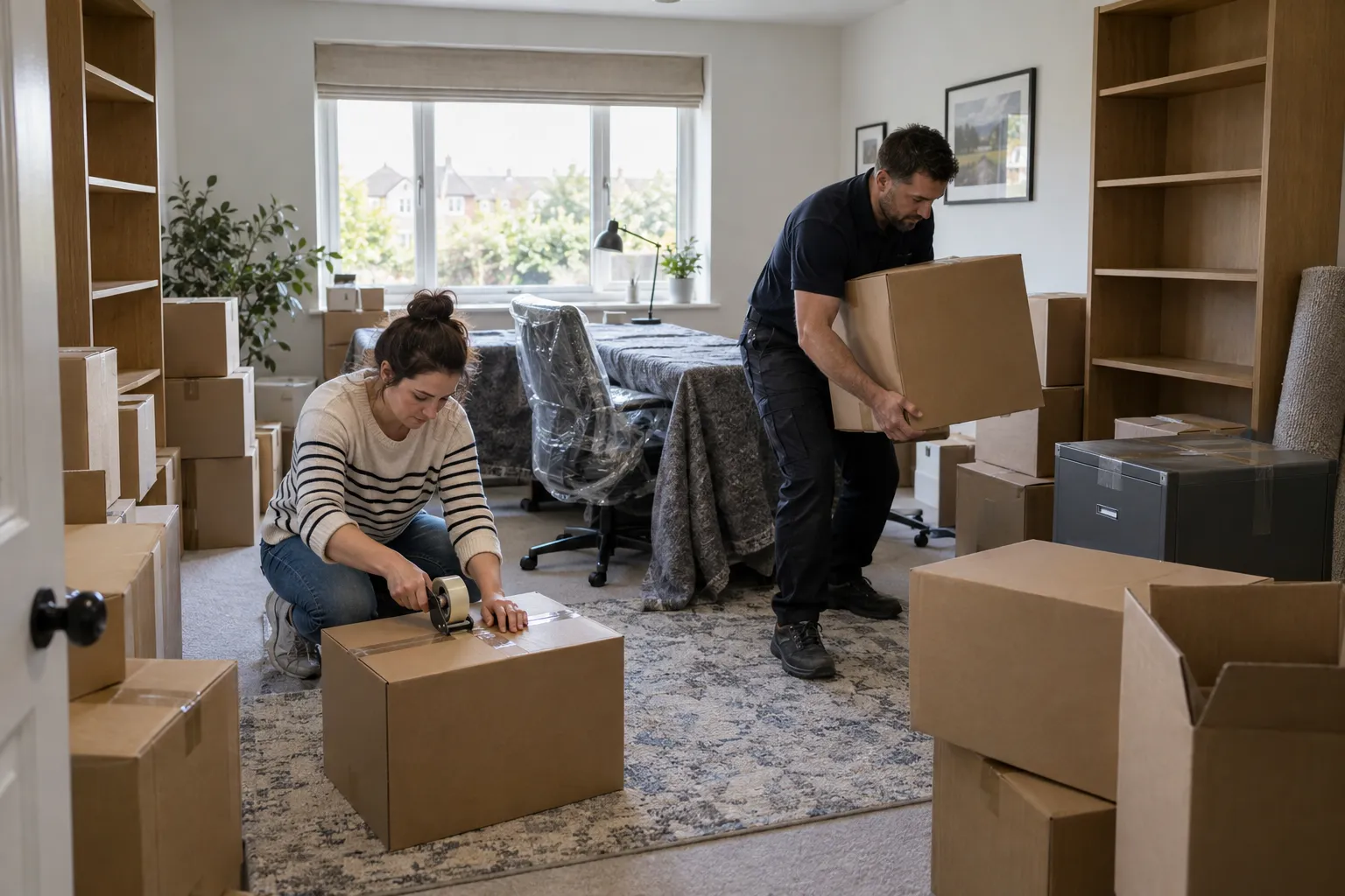 A home office being packed, with a wrapped desk, boxed monitors and a person taping up a box of files