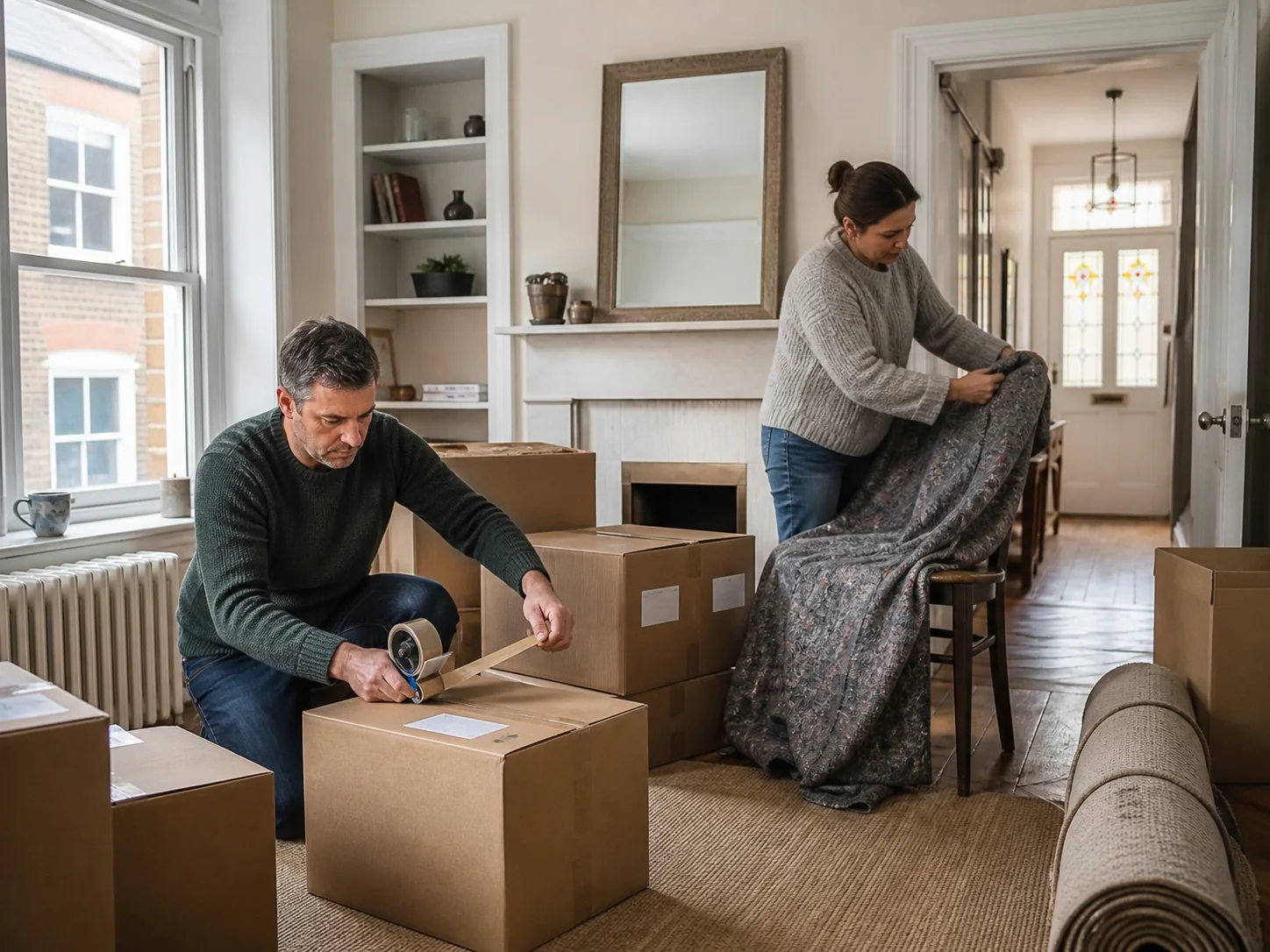 A couple packing boxes and protecting furniture inside a British home
