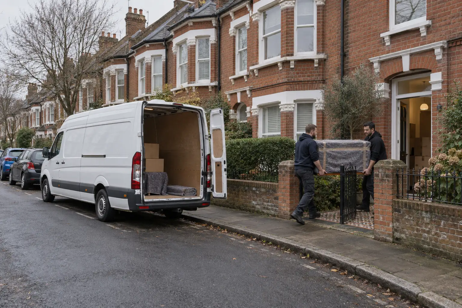 Two movers carrying a wrapped chest of drawers down the front path of a red-brick terraced house to a van at the kerb
