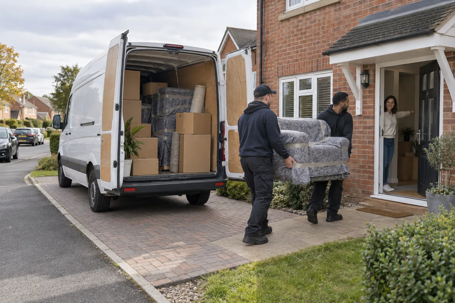 Two movers bringing a protected armchair from a packed van towards the front door of a brick house