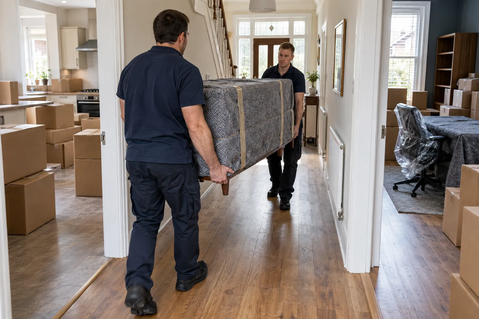 Two movers carrying a protected sideboard through a hallway between a packed kitchen and home office