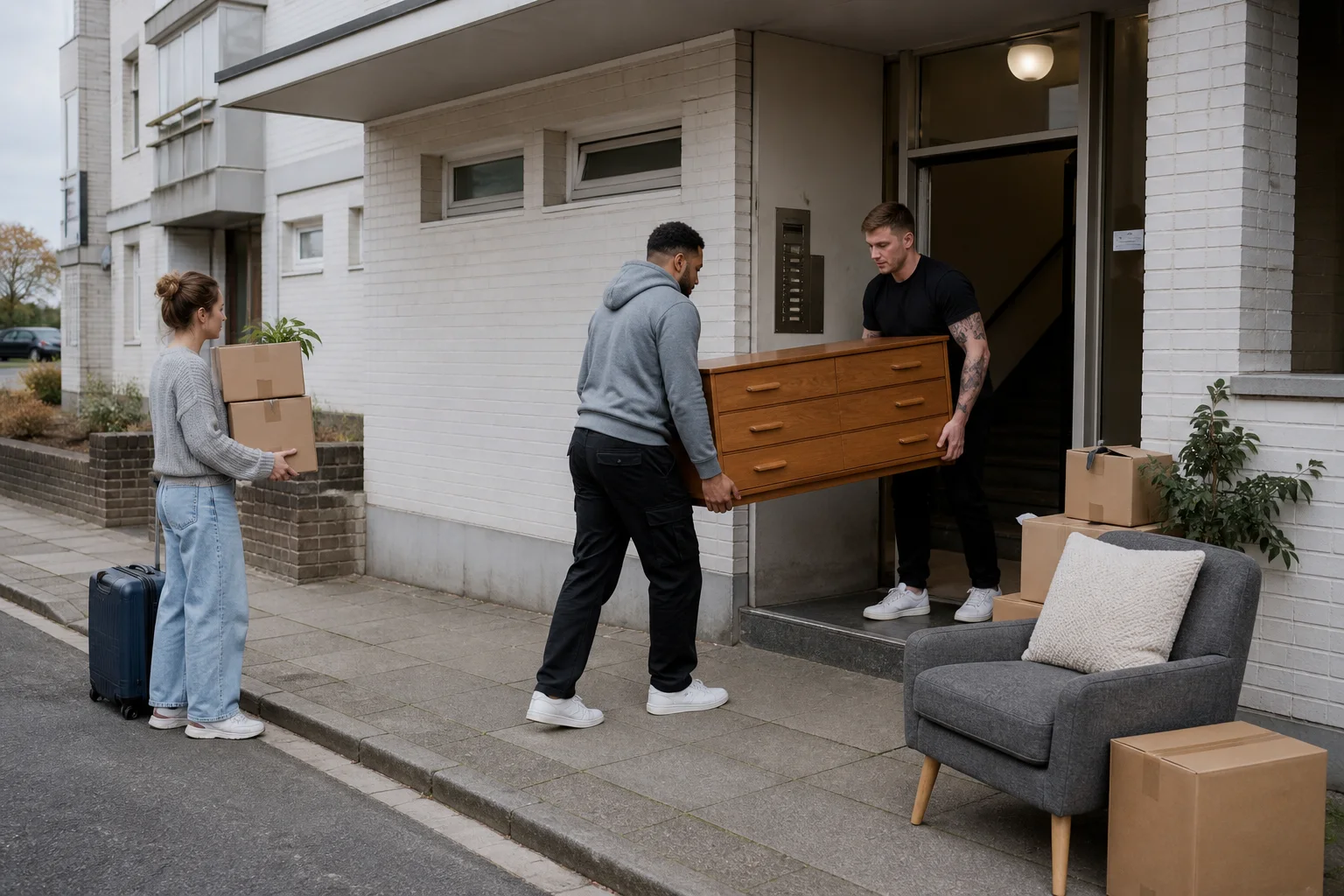 Two movers carrying a chest of drawers from a UK apartment while the customer waits with boxes, a suitcase and an armchair