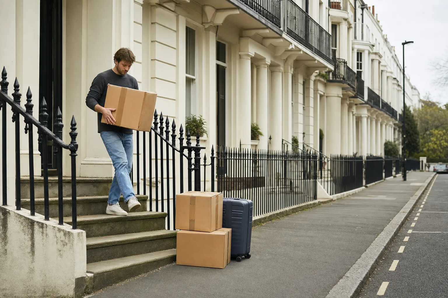 A person carrying a moving box down the external steps of a cream Regency-style UK terrace to the pavement, with more boxes and a suitcase waiting by the railings