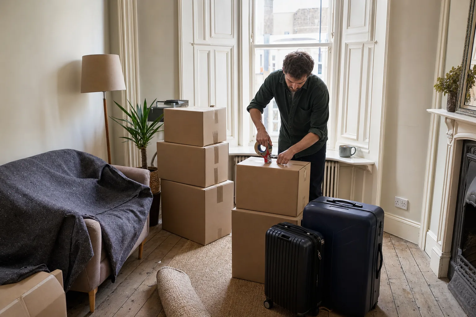 A person taping a box in a UK period conversion flat, a small-move load of boxes, a wrapped sofa and suitcases beside a sash bay window