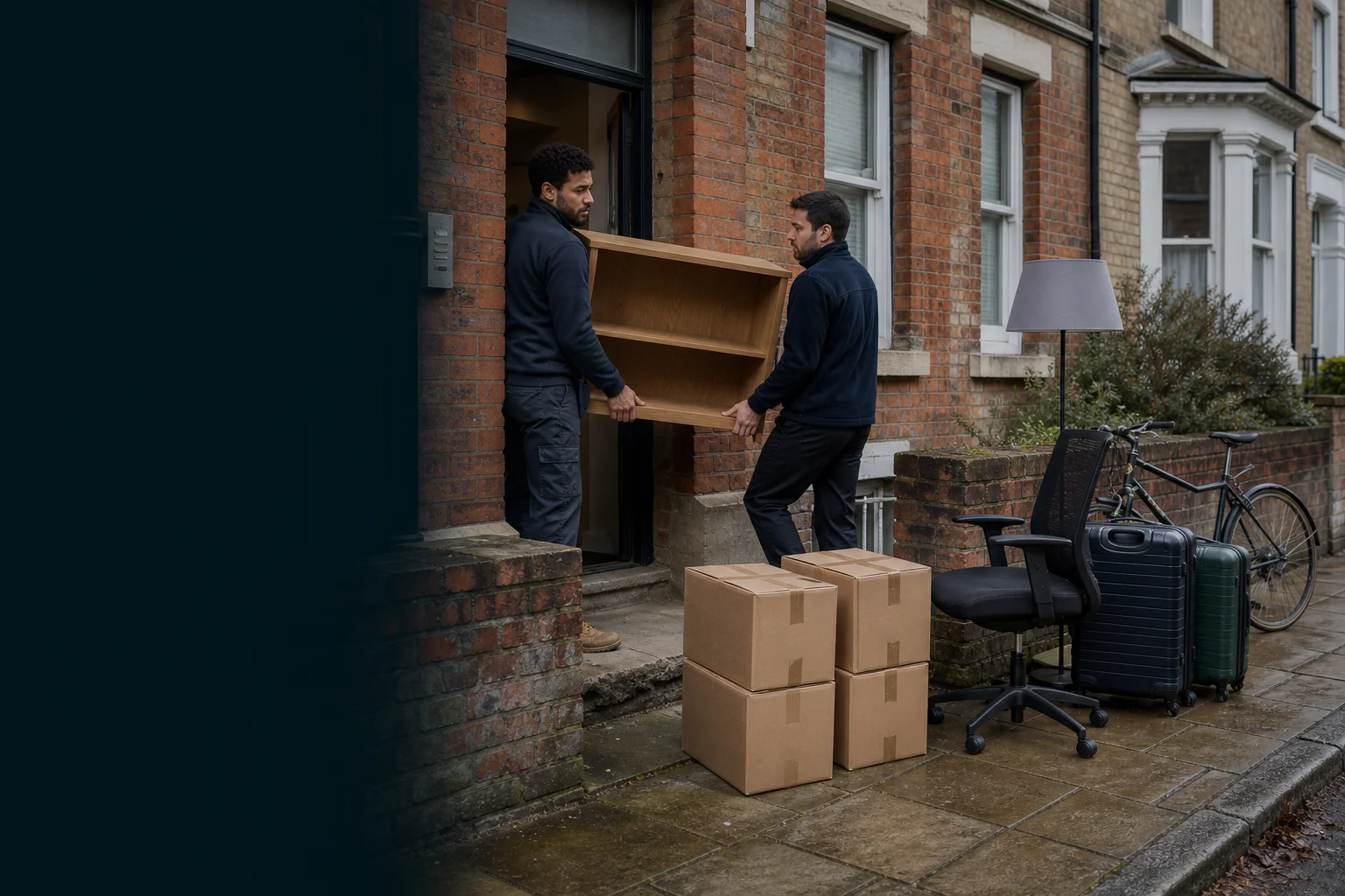 Two removal workers carrying a small bookcase from a UK converted terrace beside boxes, a desk chair, suitcases and a bicycle