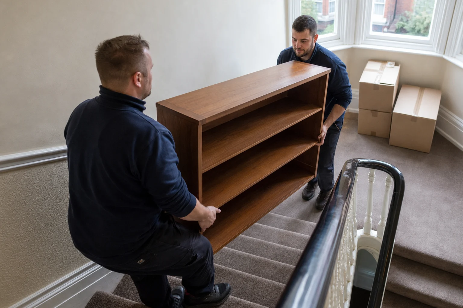 Two removal workers safely carrying a wooden bookcase down the shared stairs of a UK period conversion
