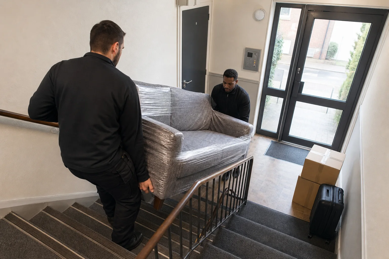 Two removal workers carrying a wrapped sofa down the shared stairs of a UK block of flats
