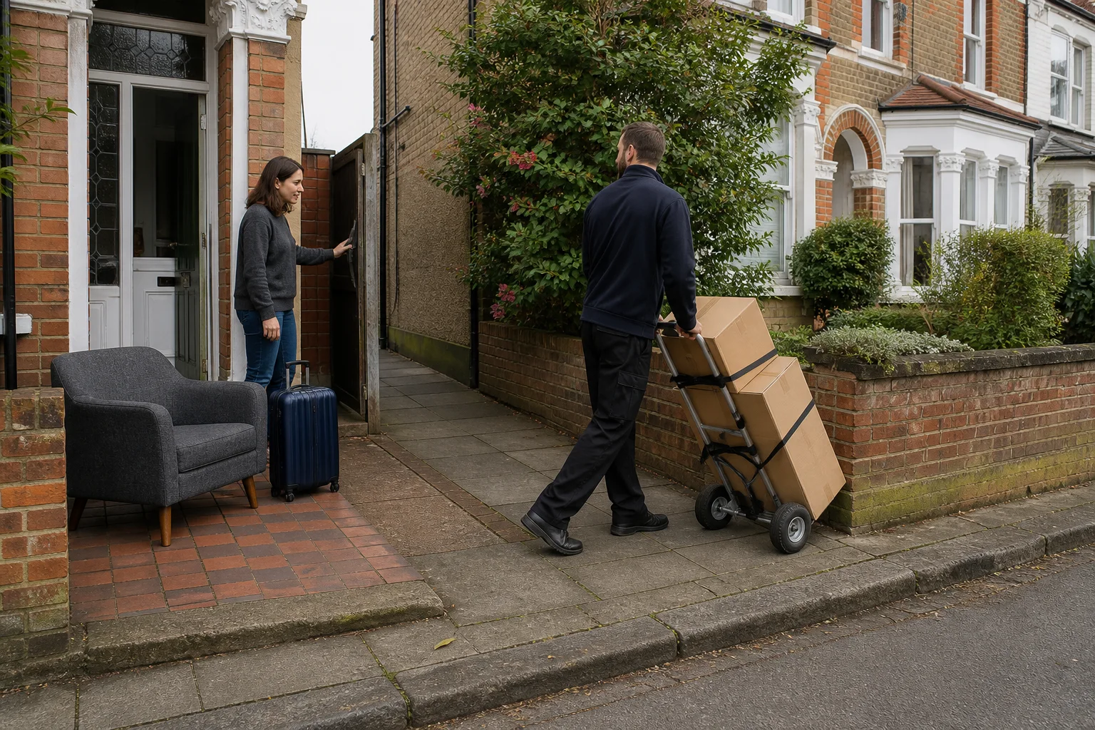 A removal worker wheeling strapped boxes past a narrow gate at a UK terraced home while the customer waits with an armchair and suitcase