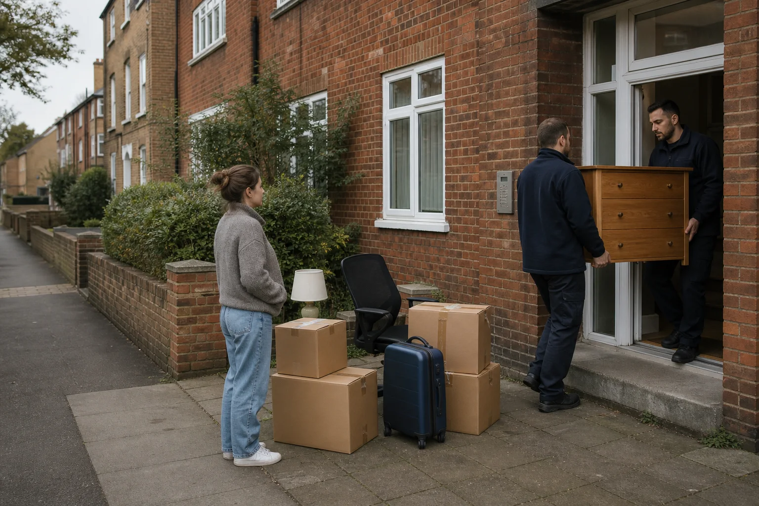 Two removal workers carrying a chest of drawers from a UK maisonette beside boxes, a suitcase, a desk chair and a lamp