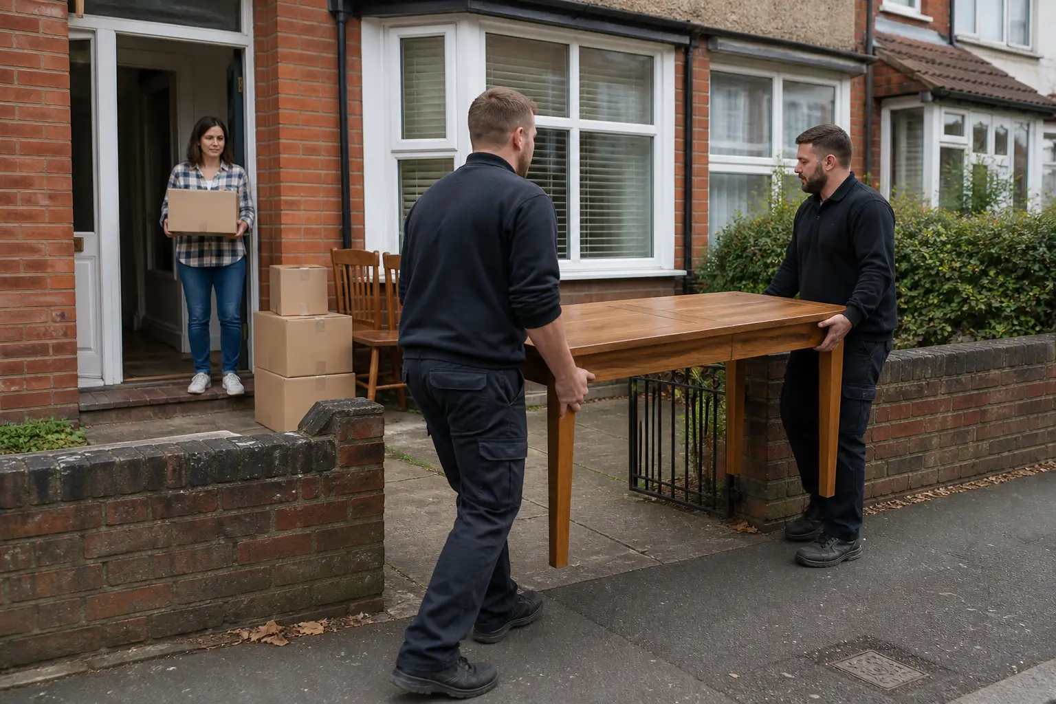Two removal workers carrying a dining table through the gate of a UK home while a customer waits with a box