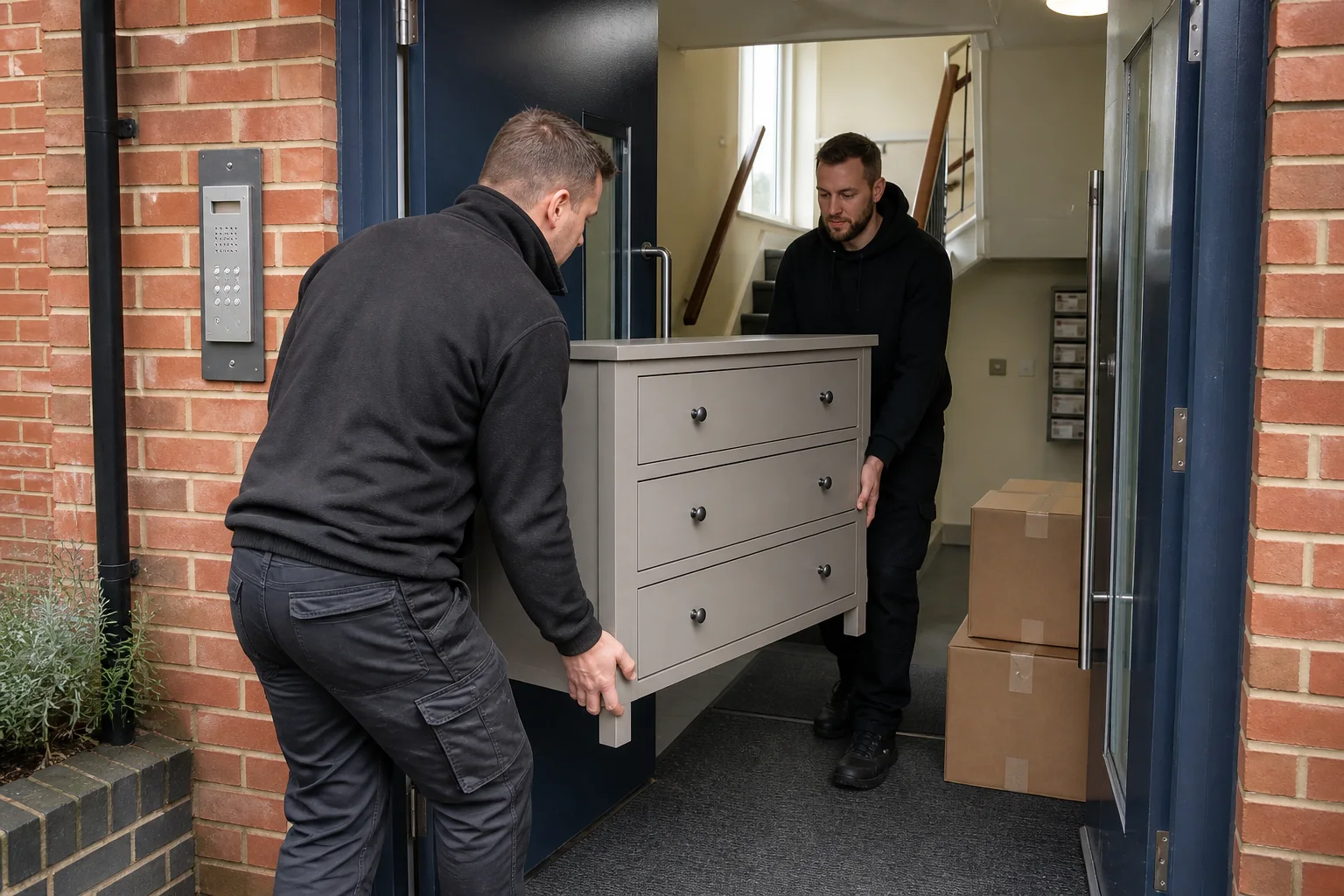 Two removal workers carrying a chest of drawers through the shared entrance of a UK block of flats