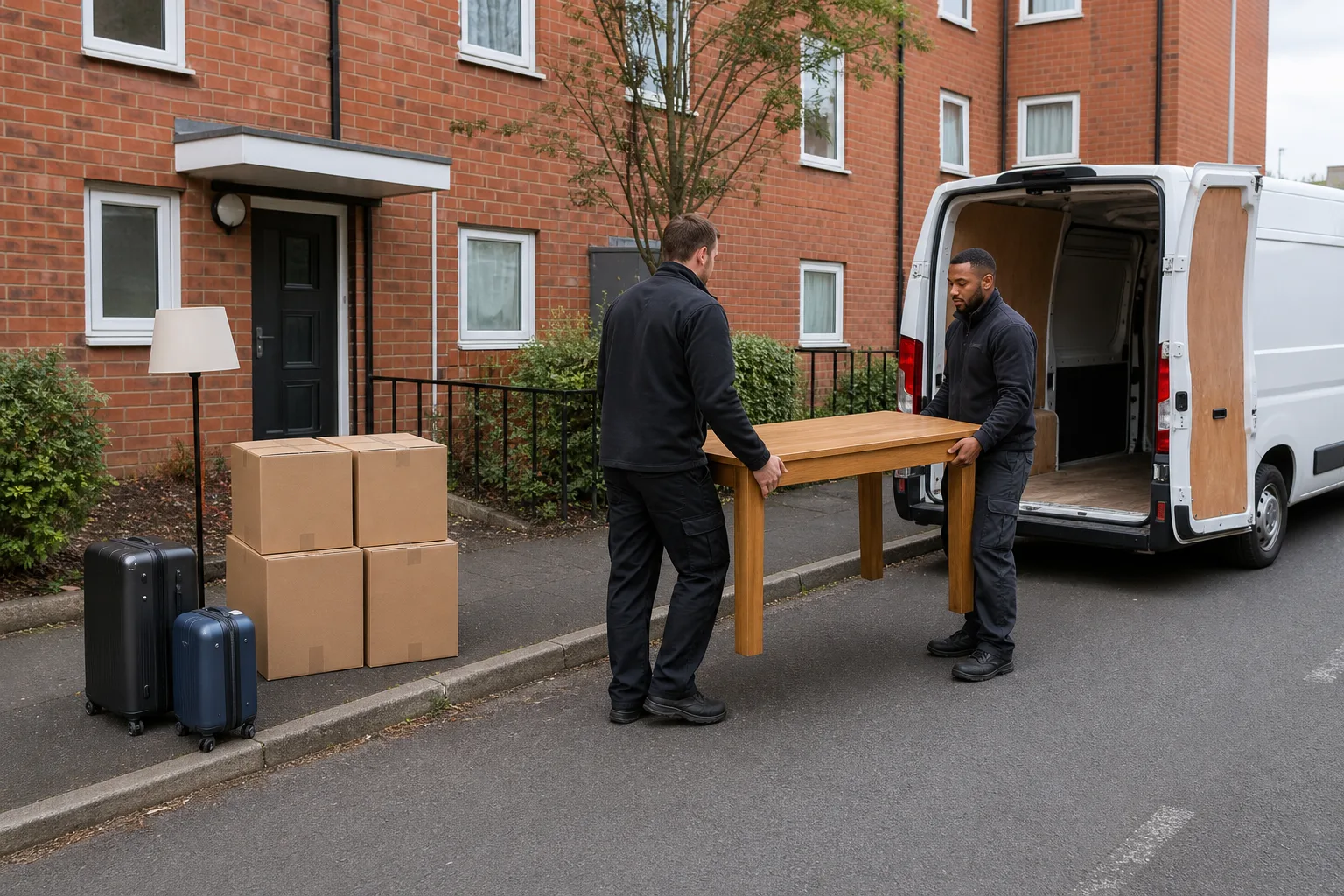 Two removal workers carrying a dining table towards an unbranded van beside boxes, suitcases and a lamp outside a UK block of flats