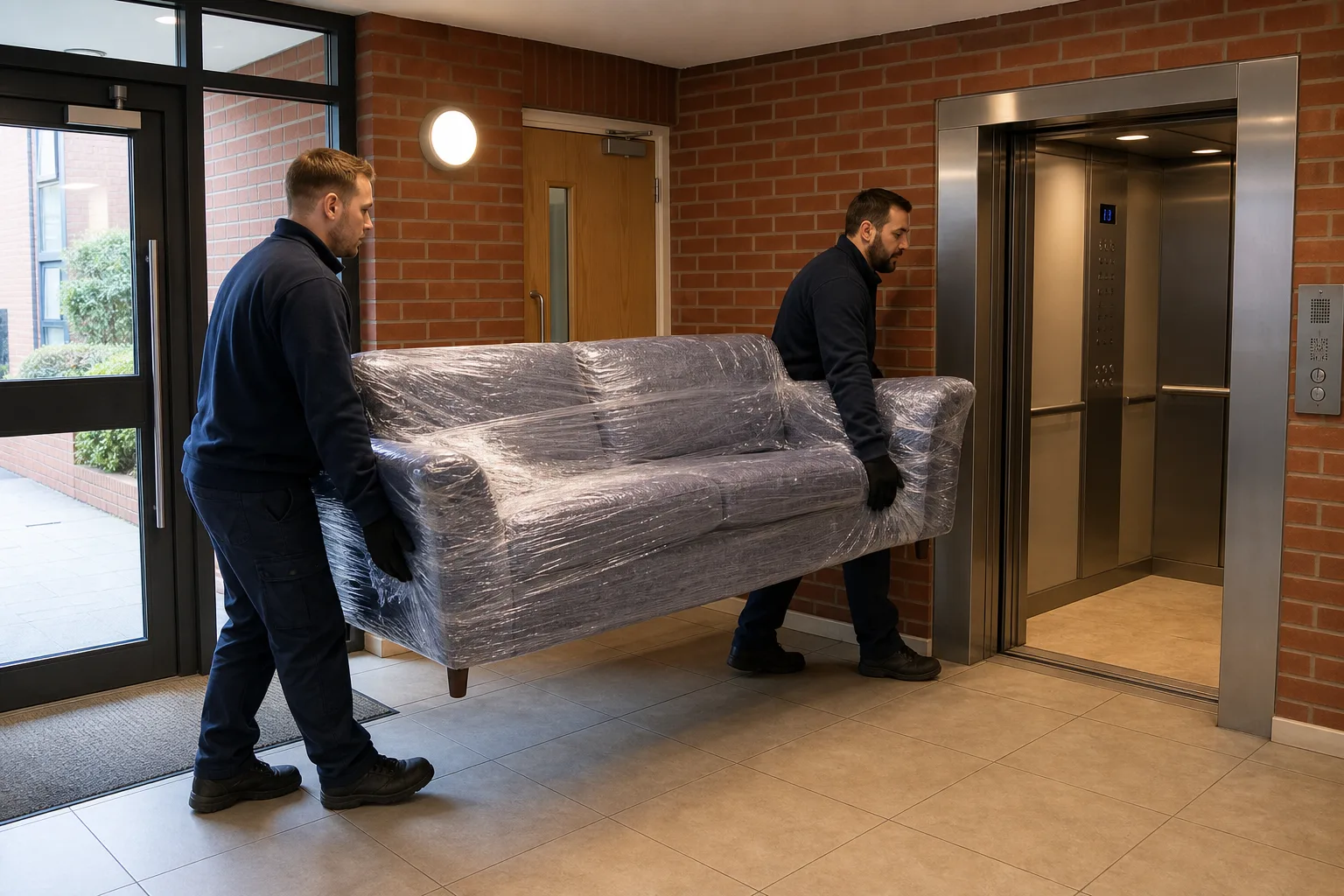 Two removal workers carrying a wrapped sofa through the shared lobby towards the lift in a UK apartment building