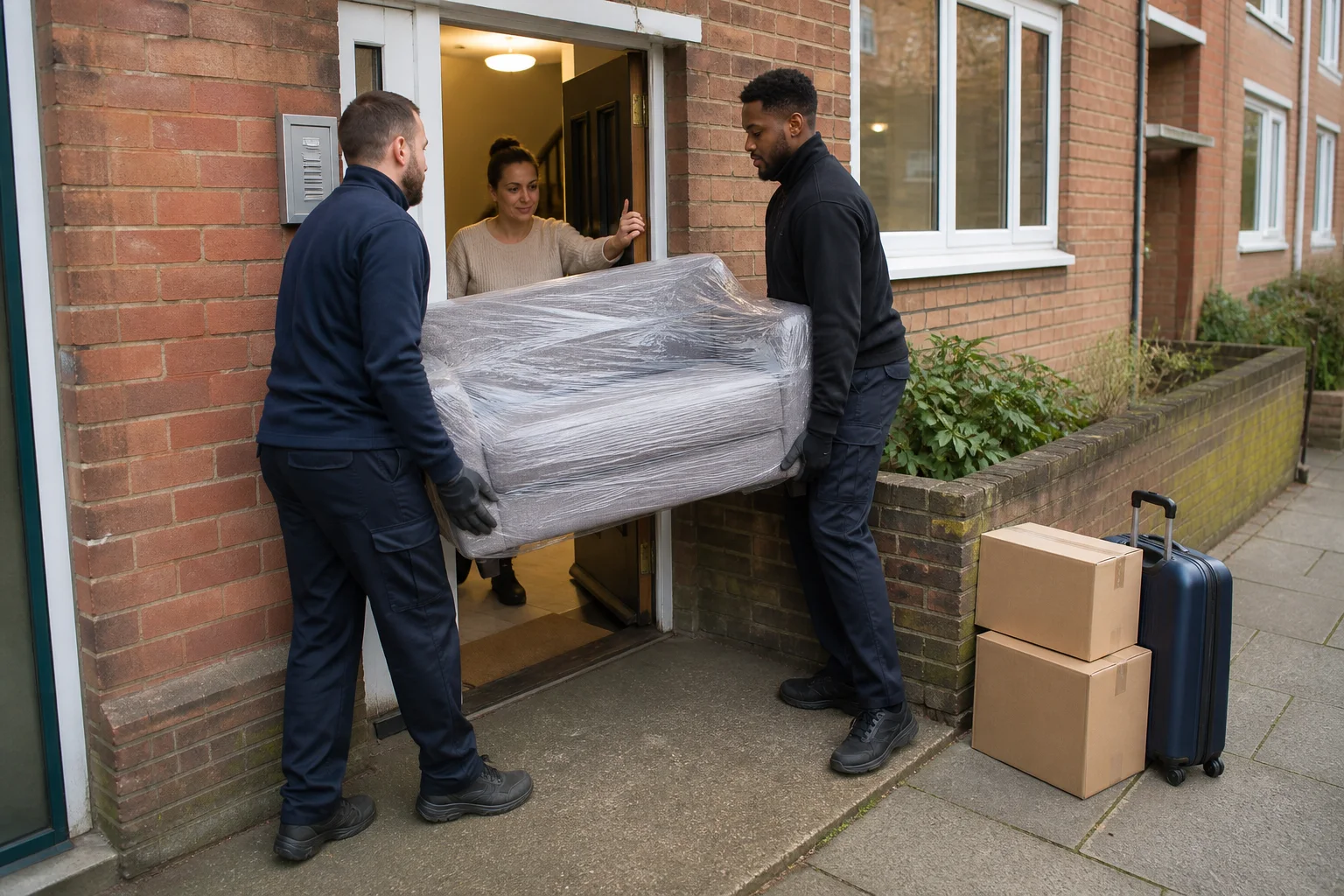 Two removal workers carrying a wrapped sofa through the shared doorway of a UK maisonette while the customer holds the door