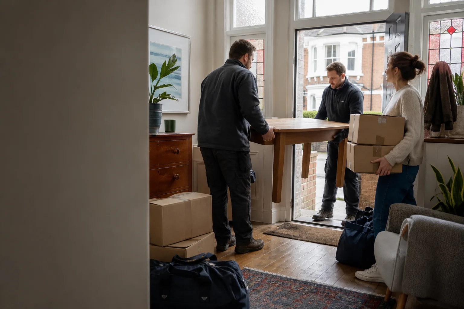 Two removal workers carrying a dining table from a UK home while a customer waits with boxes, bags and smaller furniture