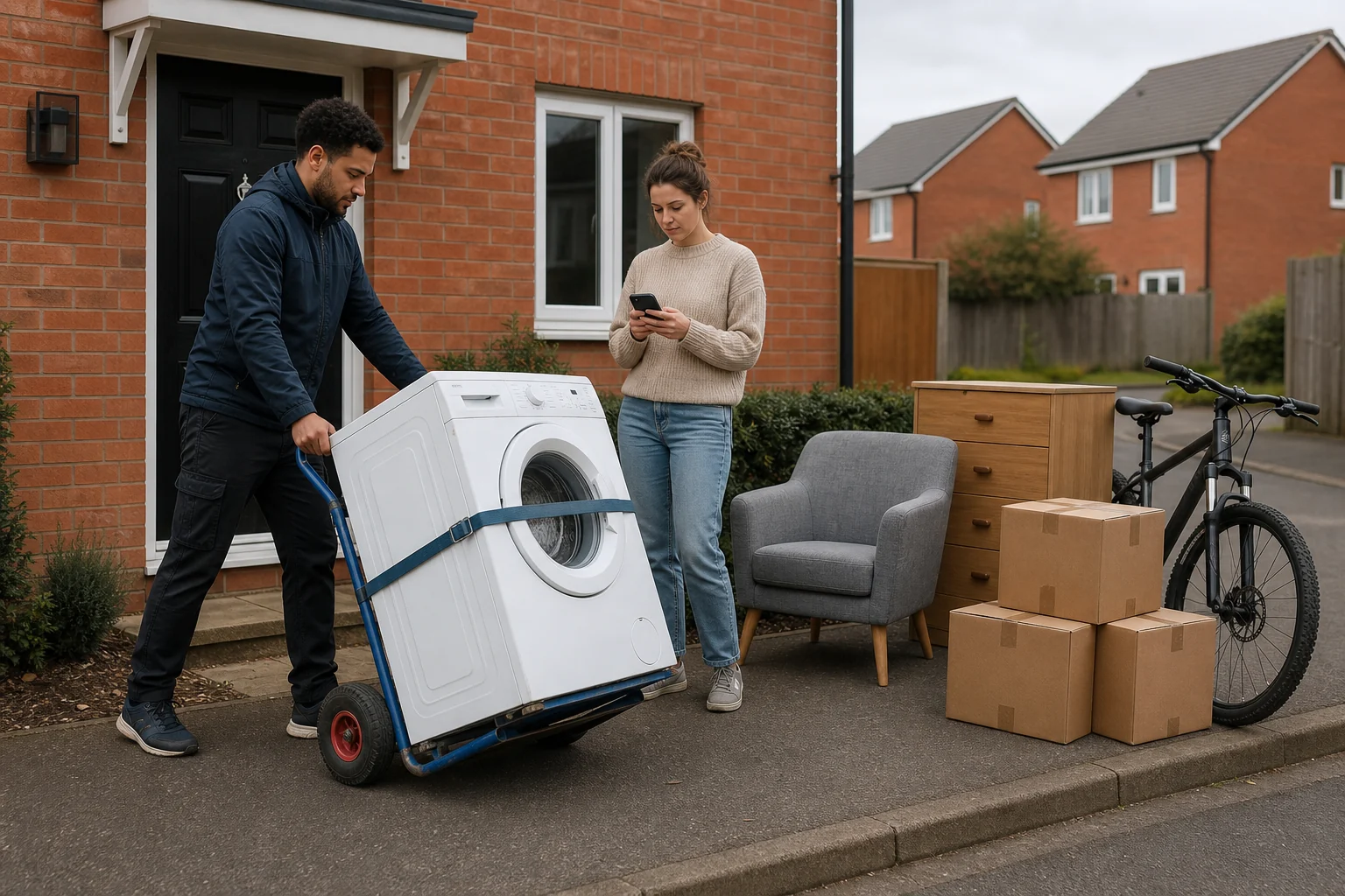 A mover handling a strapped washing machine while a customer checks her phone beside furniture, a bicycle and boxes outside a modern UK home