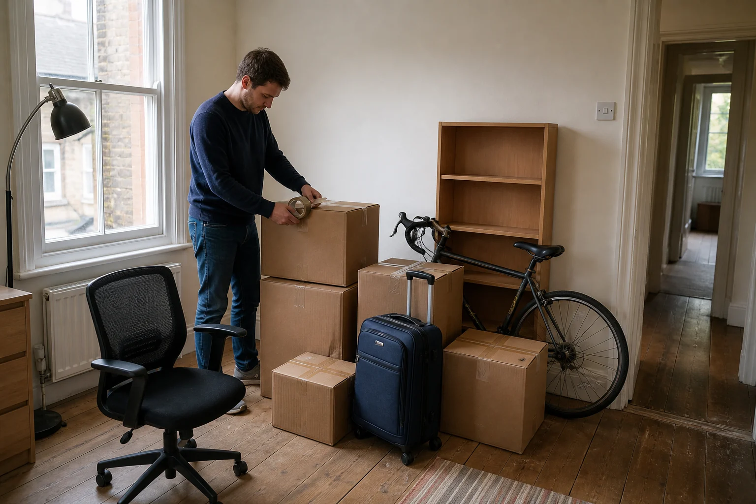 A renter packing boxes, a suitcase, a desk chair and a bicycle in an older UK terraced-house room