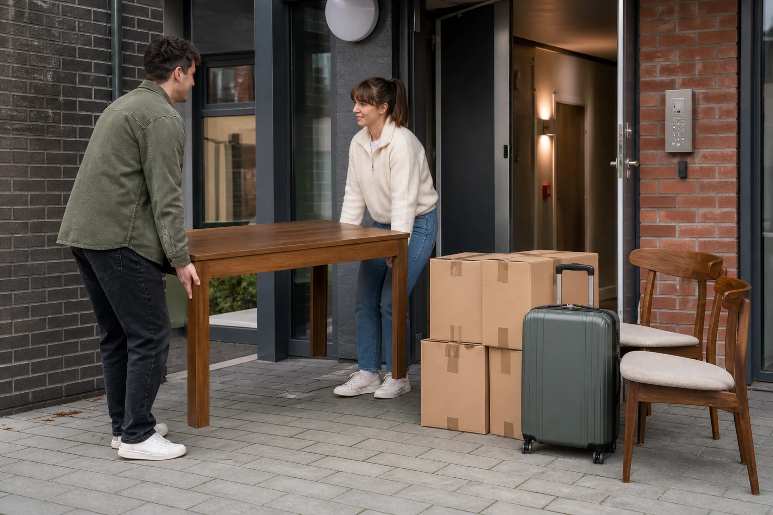 Two adults carrying a compact dining table past boxes, chairs and a suitcase at a modern UK apartment entrance