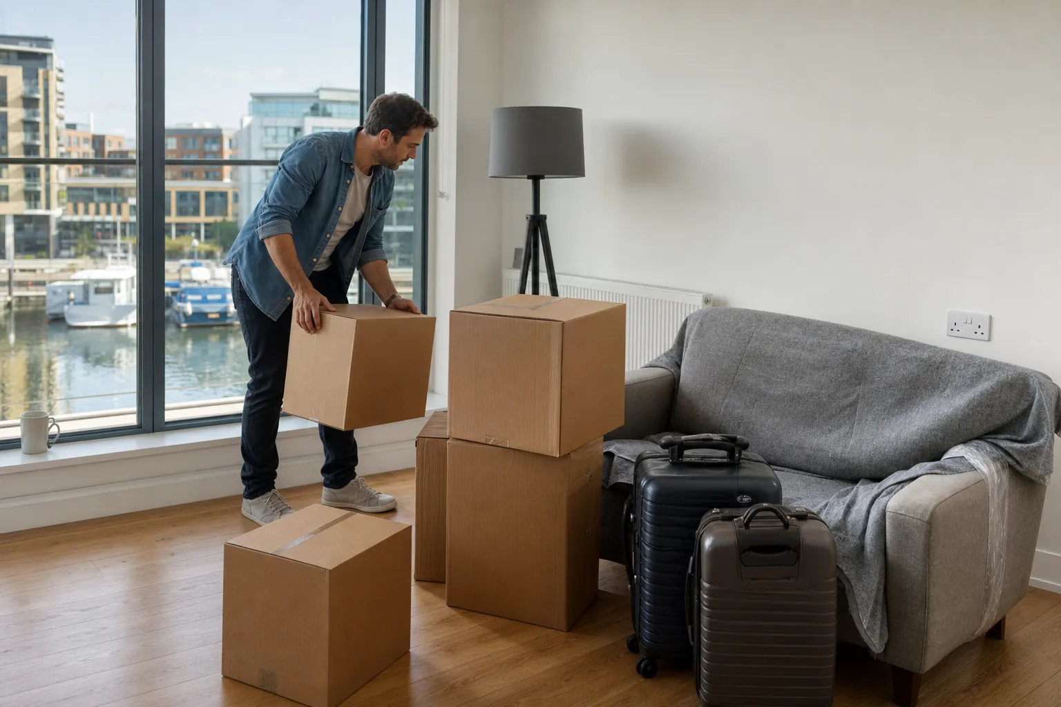 A person lifting a moving box in a modern UK waterside apartment, a small-move load of boxes, a wrapped two-seat sofa and suitcases beside a floor-to-ceiling window overlooking a marina