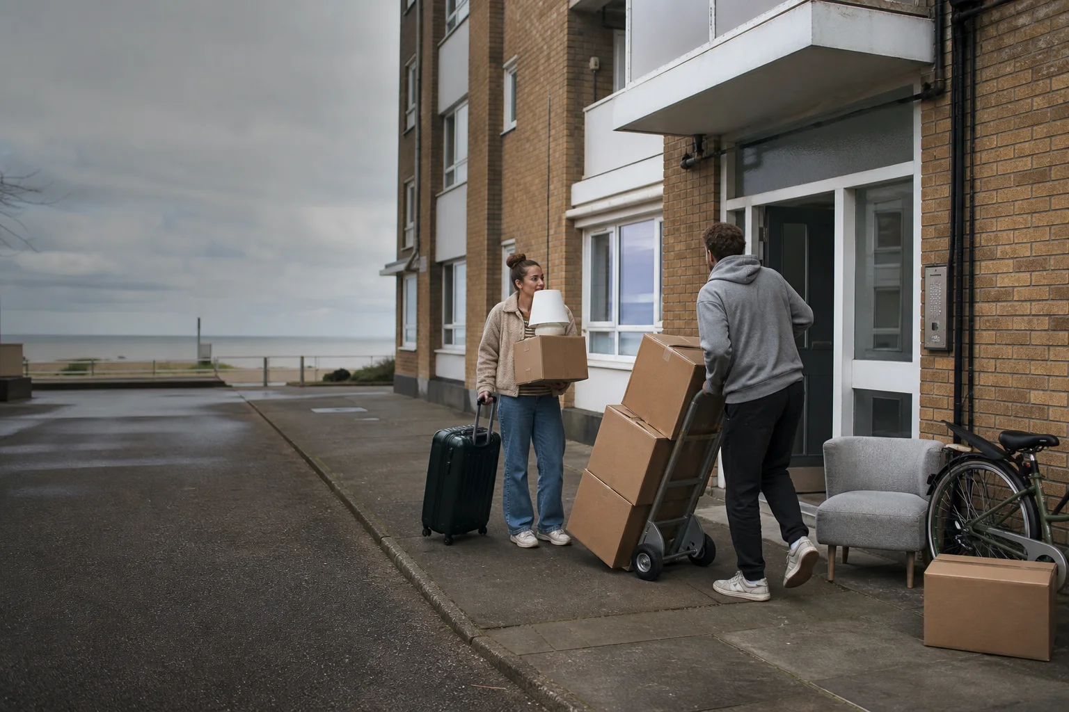 A customer and mover taking boxes, a suitcase and small furniture from a UK coastal apartment