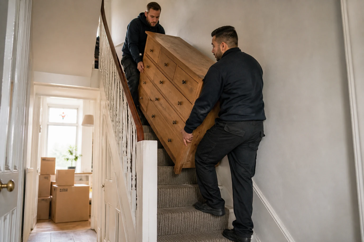 Two removal workers carefully carrying a wooden chest of drawers down the stairs of a UK home