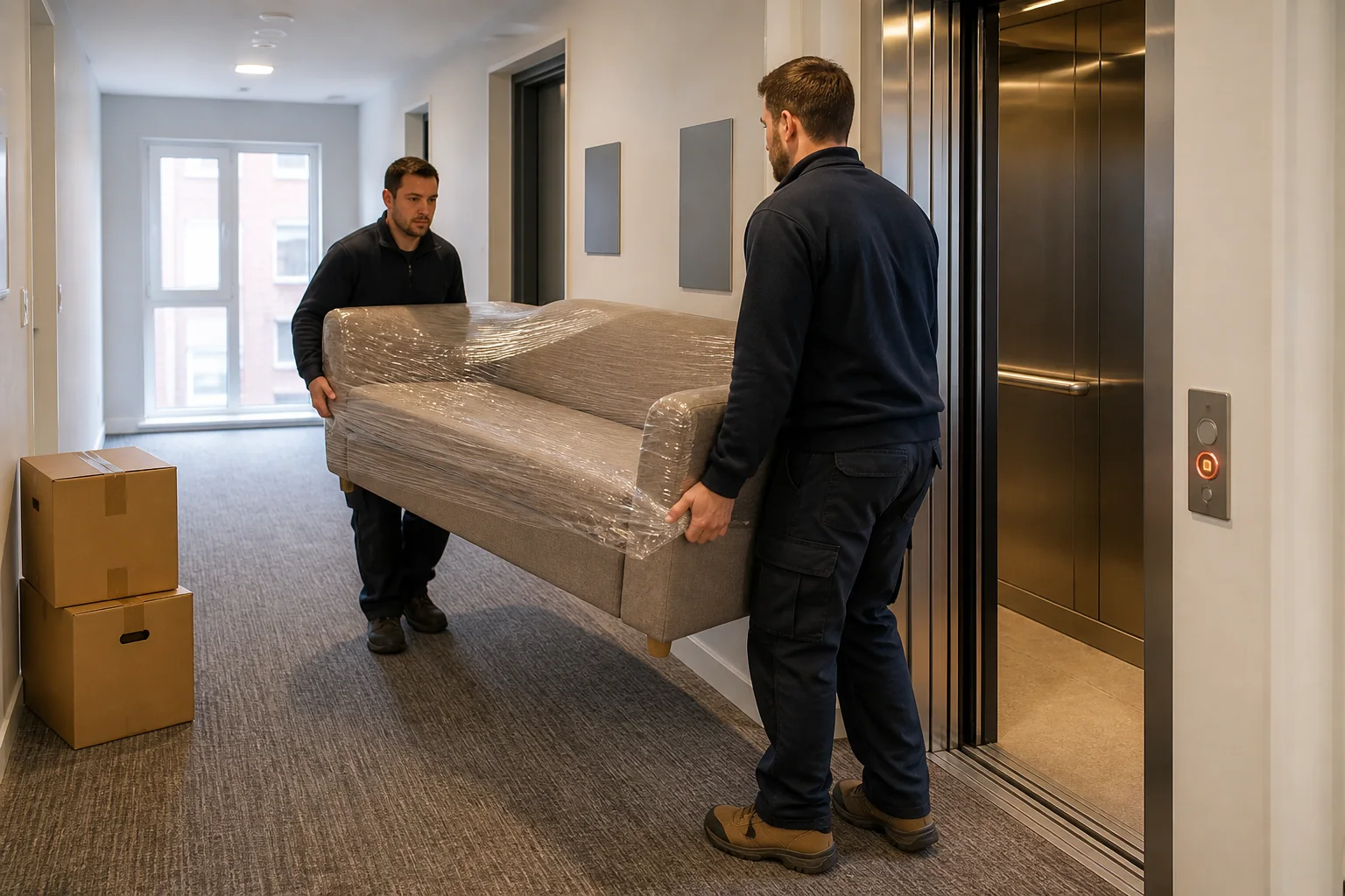 Two removal workers carrying a wrapped sofa along a shared corridor towards the lift in a UK apartment building