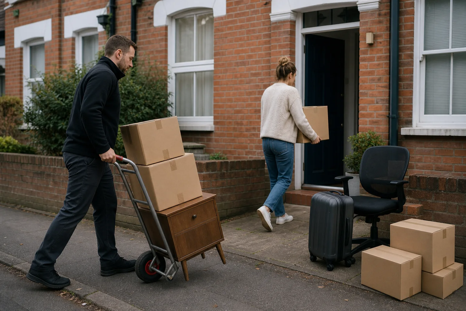 A removal worker and customer moving a bedside cabinet, boxes, a suitcase and a desk chair outside a UK home