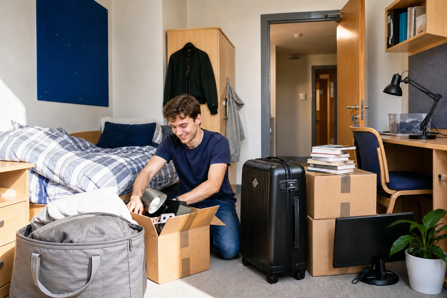 A student packing boxes and belongings in university halls