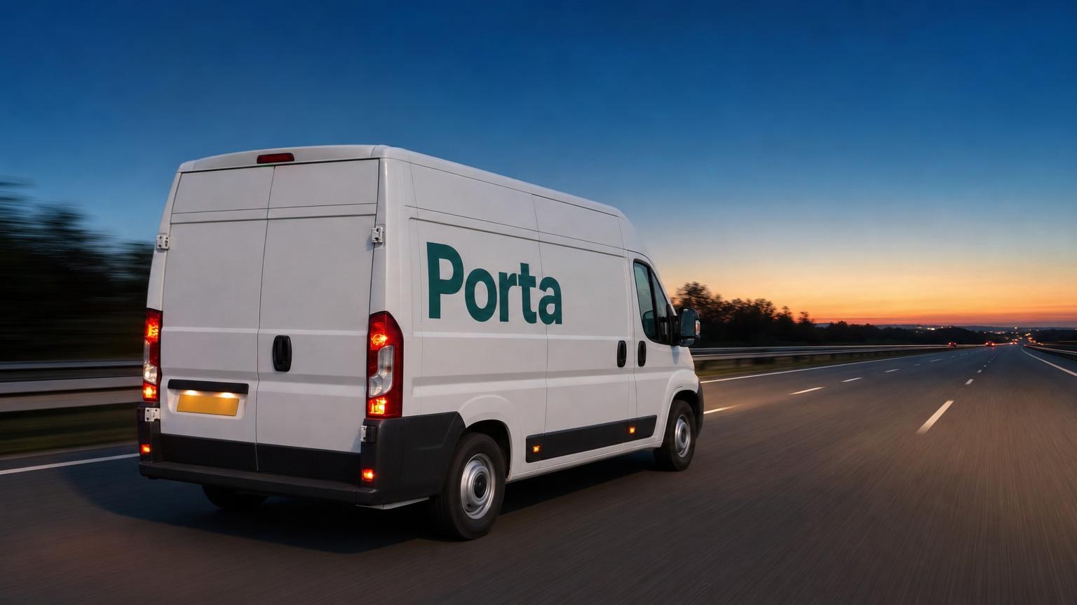 A Porta van on a dual carriageway at dusk