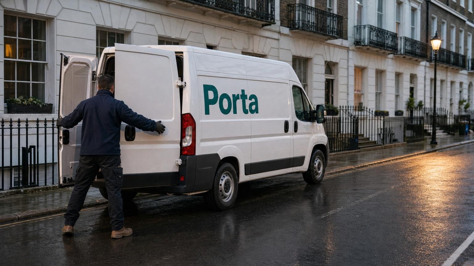 A Porta driver closing the van doors on a city street at first light