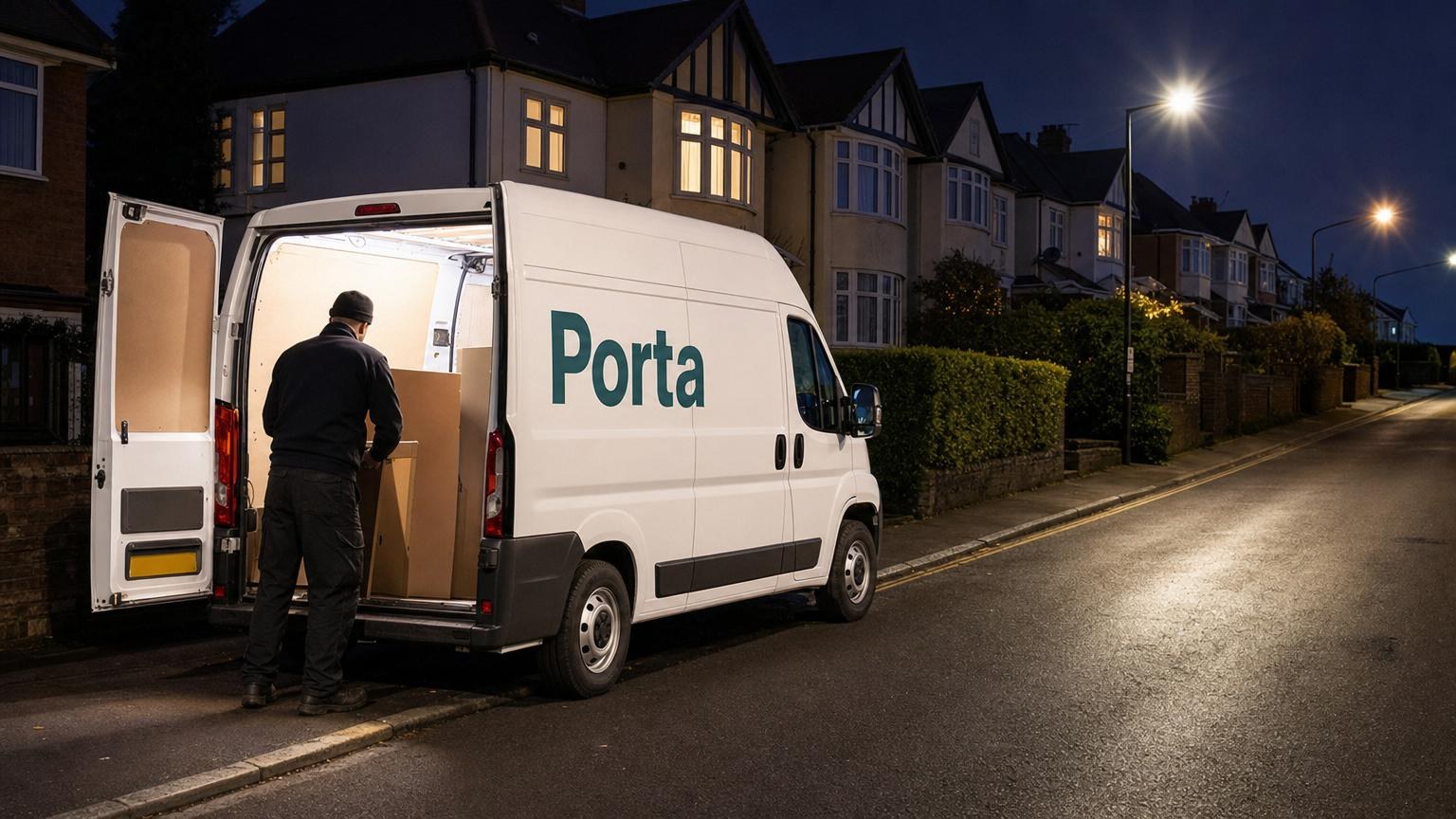 A Porta van loading on a residential street after dark