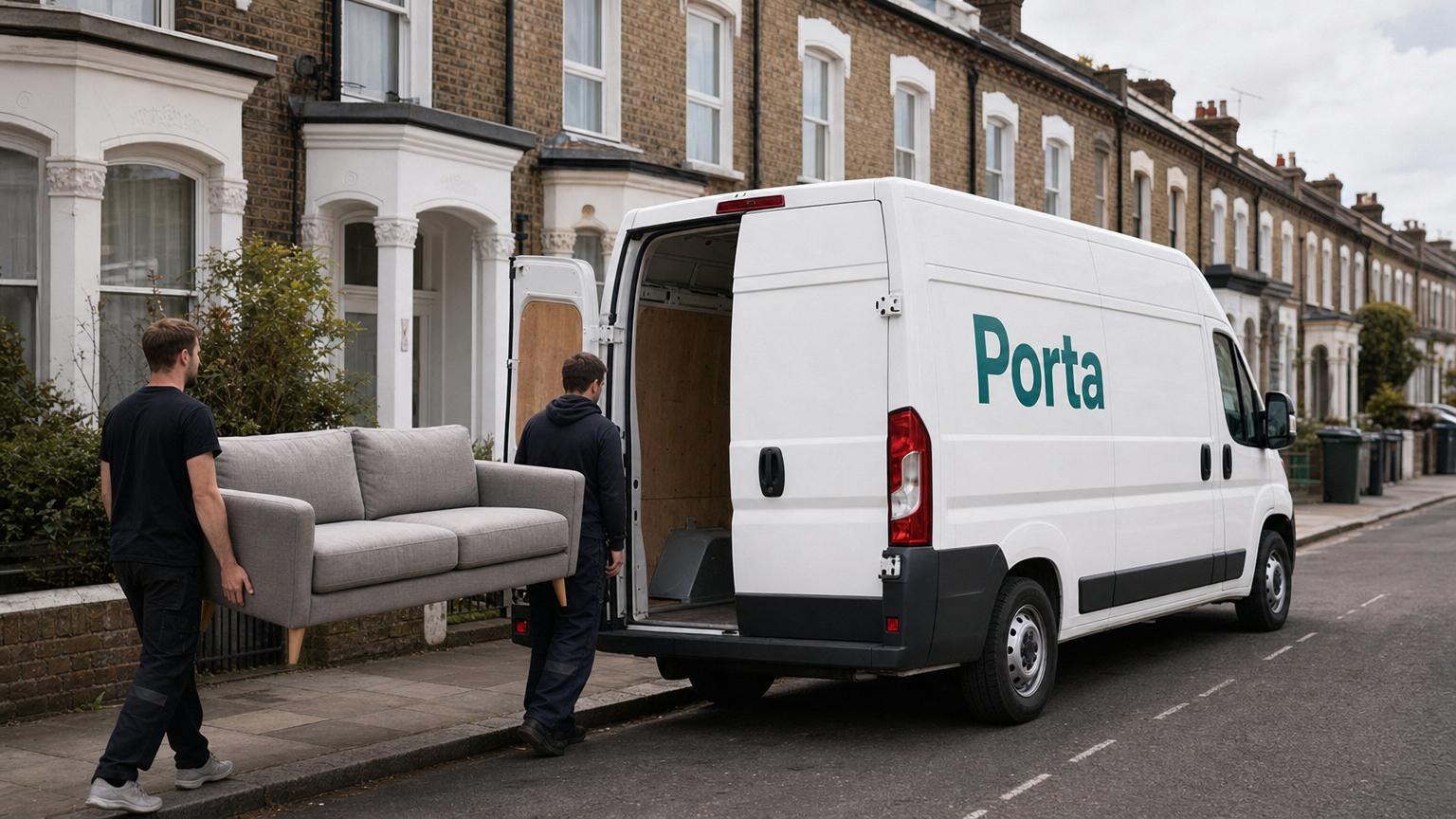 Two people carrying a sofa to a Porta van on a terraced street