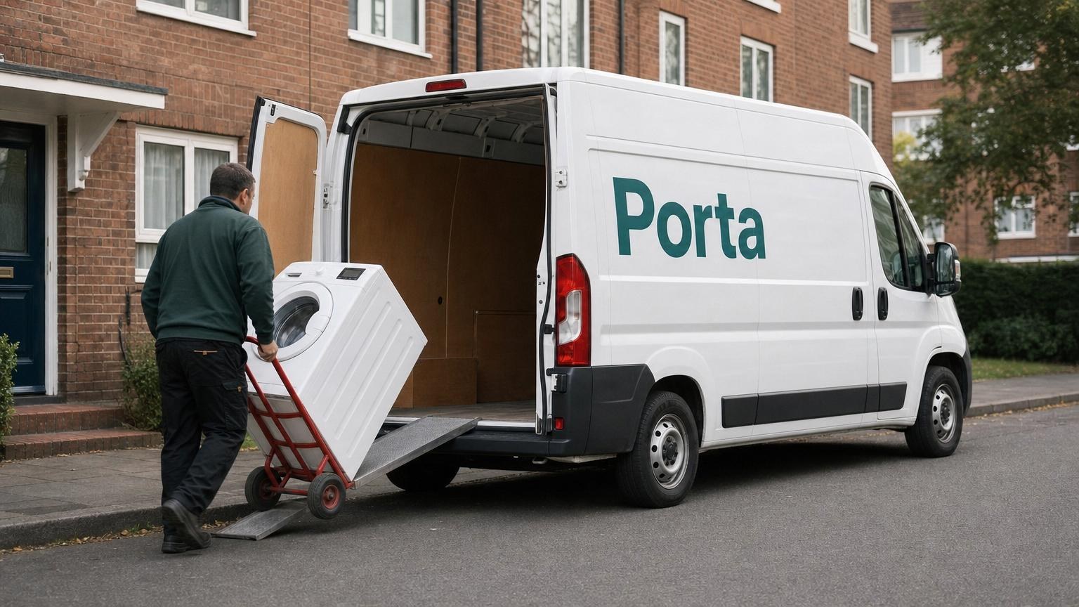 A washing machine being wheeled to a Porta van on a sack truck