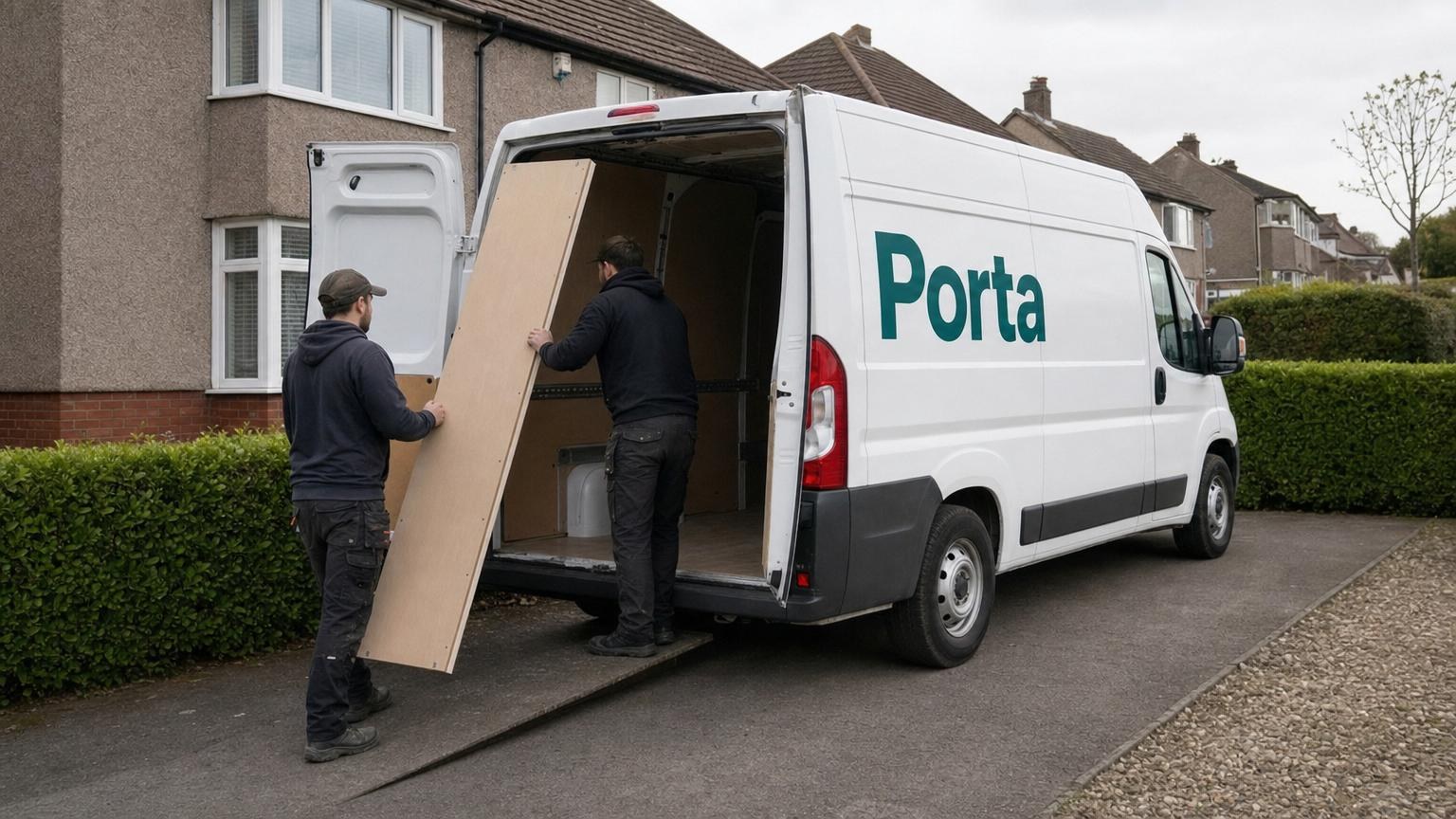 A wardrobe being loaded into a Porta van on a suburban driveway